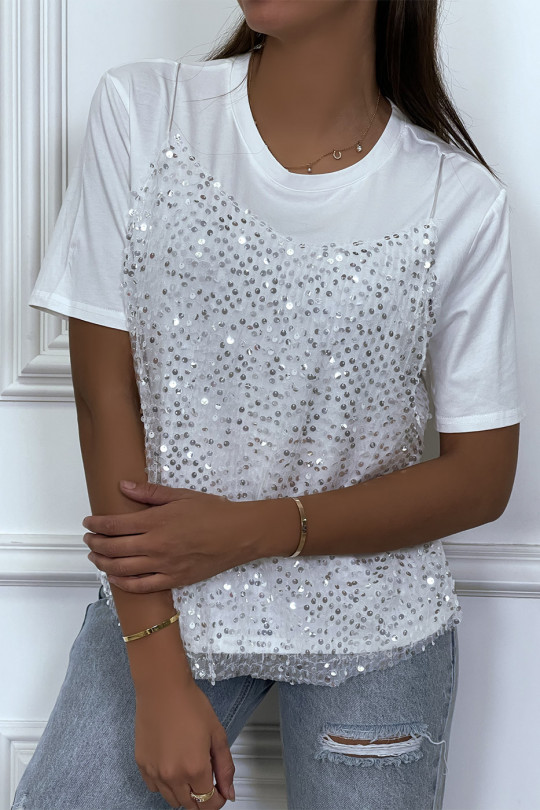 White T-shirt with sequined tulle tank top lining effect - 2