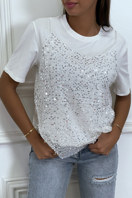 White T-shirt with sequined tulle tank top lining effect - 4
