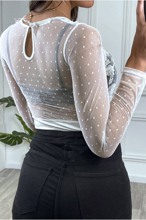 Body transparent en tulle avec détails en dentelle, à manches longues et col rond - 3