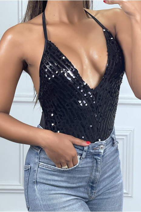 Black sequined sleeveless bodysuit with neckline - 3