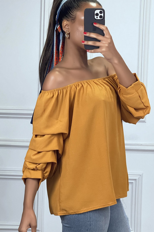Mustard blouse with long puff sleeves and boat neck - 2