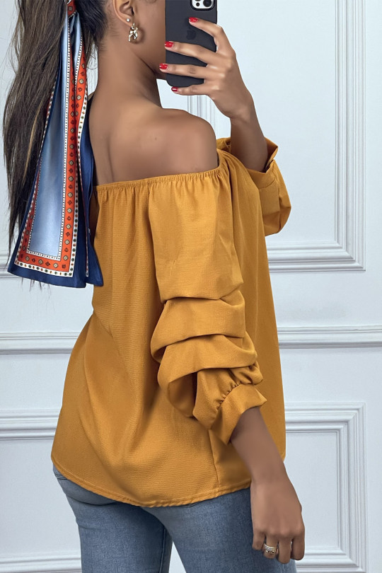 Mustard blouse with long puff sleeves and boat neck - 3