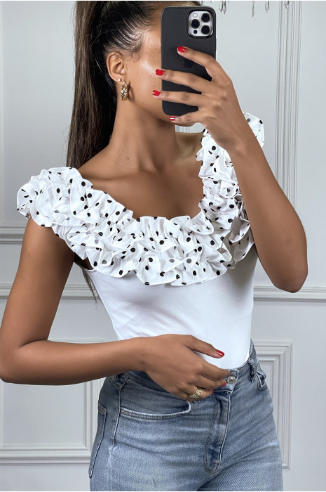 Haut col bateau blanc sans manches avec volant à pois - 2