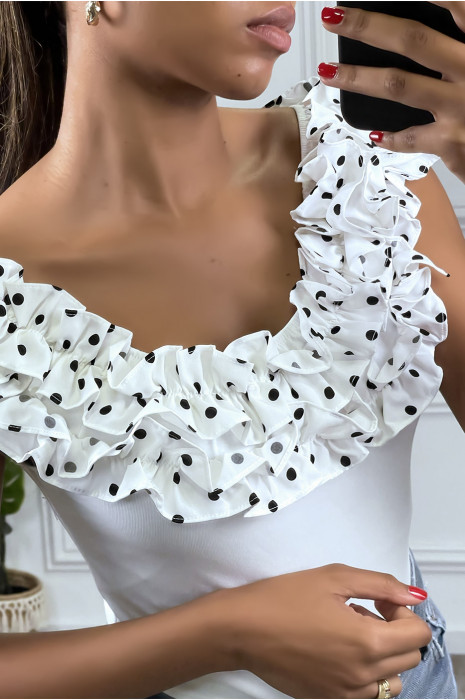 Haut col bateau blanc sans manches avec volant à pois - 3