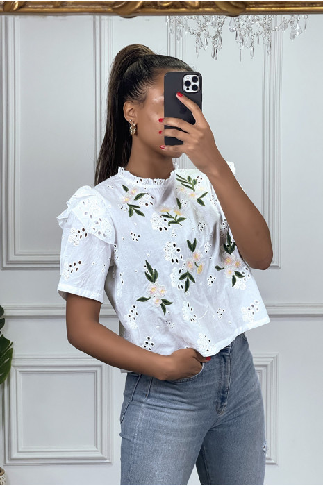 Blouse à manches courtes blanche avec fleurs brodées - 1