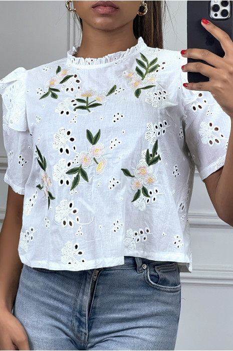 Blouse à manches courtes blanche avec fleurs brodées - 2