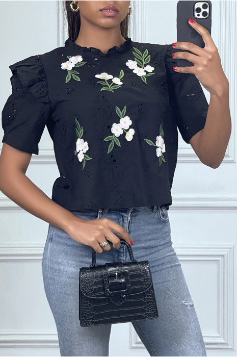 Blouse à manches courtes noir avec fleurs brodées - 1