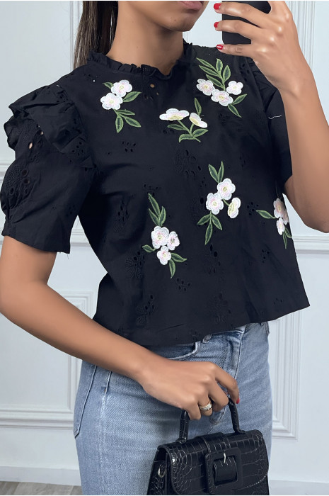 Blouse à manches courtes noir avec fleurs brodées - 2