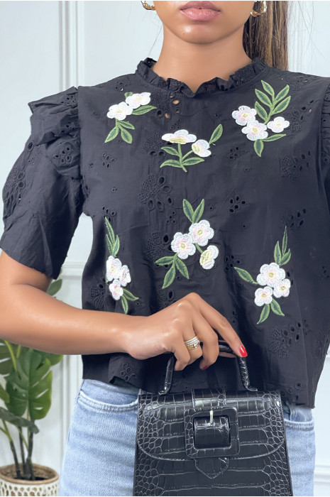 Blouse à manches courtes noir avec fleurs brodées - 3