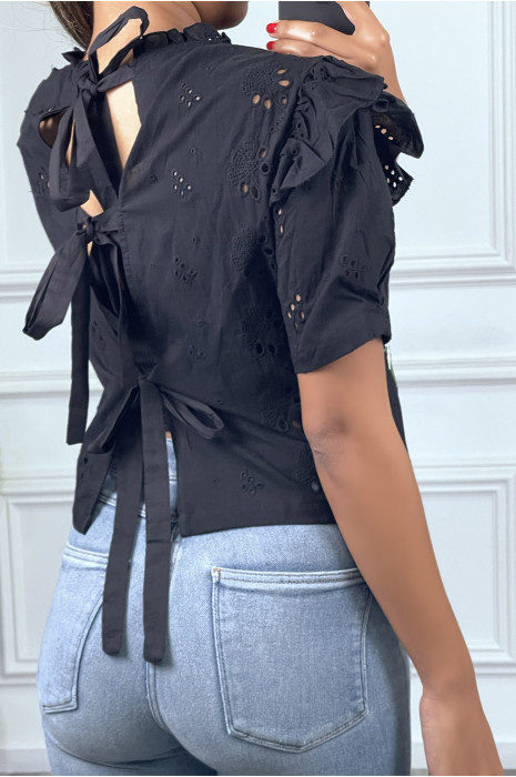 Blouse à manches courtes noir avec fleurs brodées - 4
