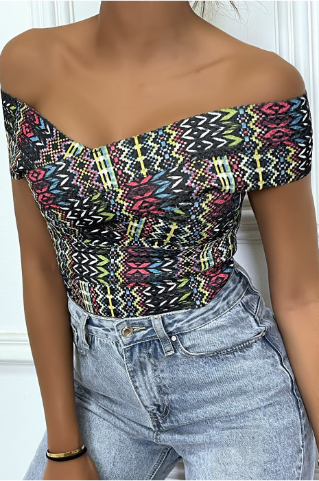 Haut bateau moulant en bandes extensibles noir avec imprimés colorés - 3