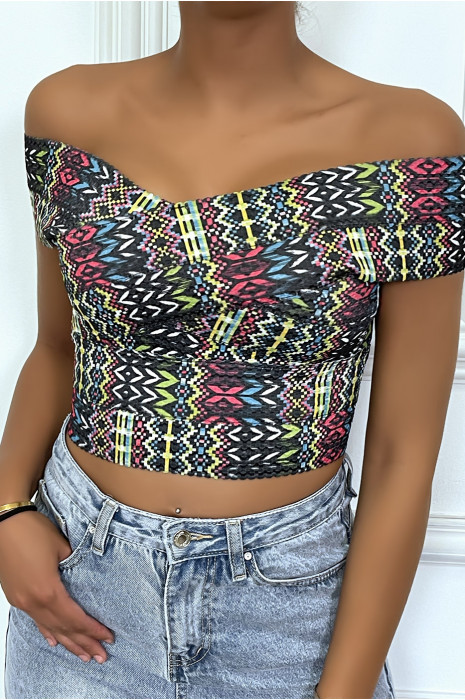 Haut bateau moulant en bandes extensibles noir avec imprimés colorés - 4