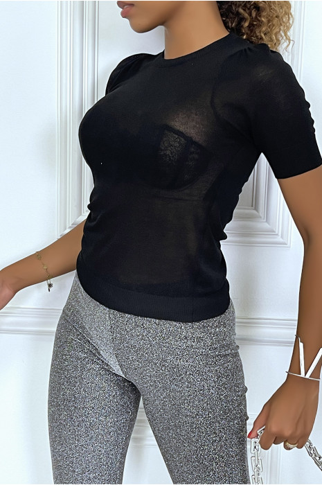 T-shirt noir transparents à manches mi-longues et col rond - 2