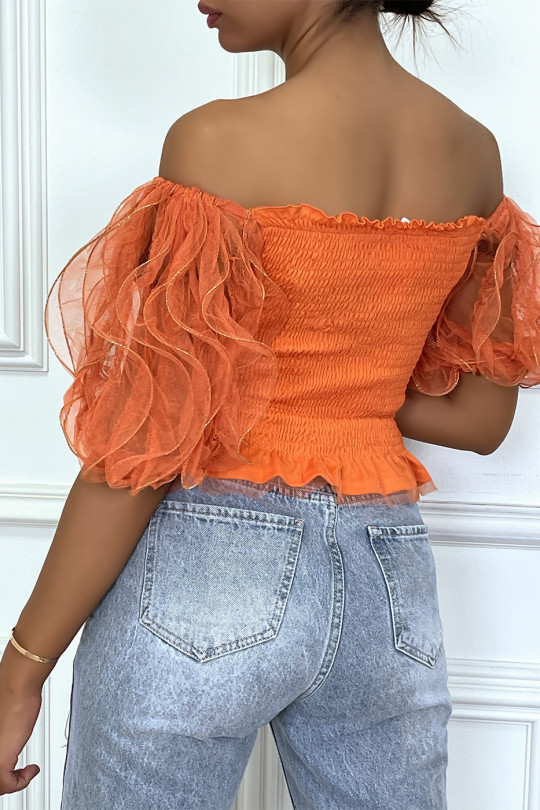 Haut froncé orange à col bateau et manches bouffantes avec paillettes - 1