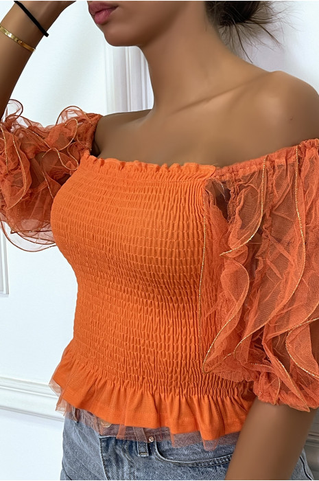 Haut froncé orange à col bateau et manches bouffantes avec paillettes - 3