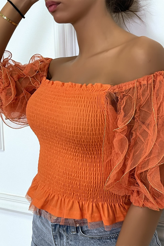 Haut froncé orange à col bateau et manches bouffantes avec paillettes - 3