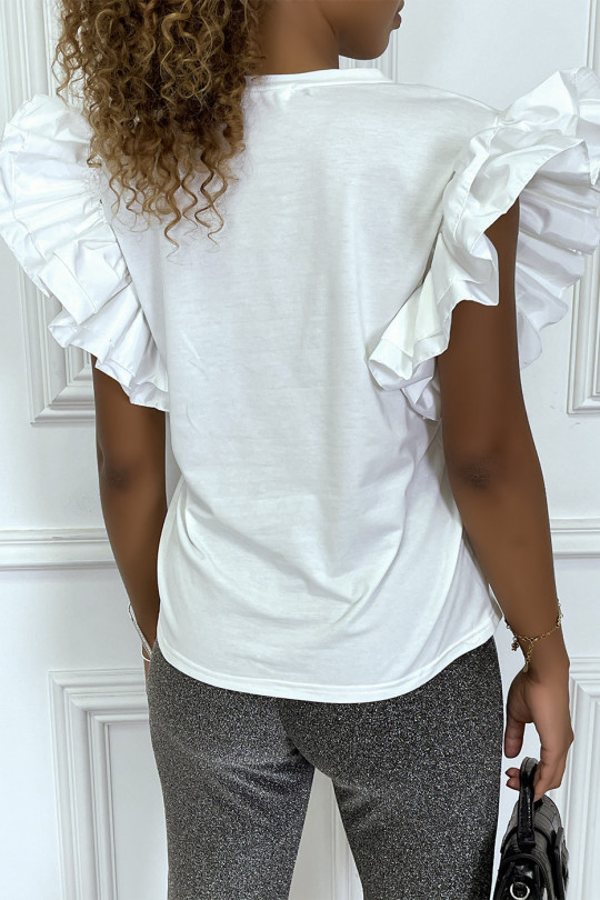 Tee-shirt blanc à col rond avec manches courtes en volants - 1