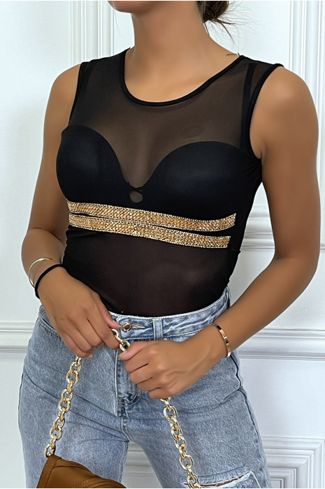 Transparent black sleeveless bodysuit with gold rhinestone bands, round neck - 3