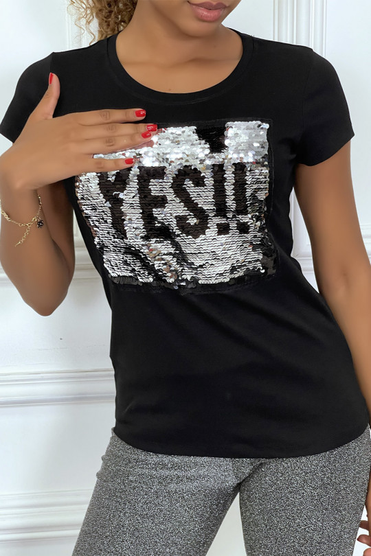 T-shirt noir à manches courtes avec inscription "yes"  en paillettes réversibles - 2