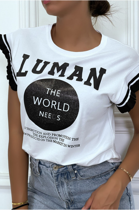 T-shirt blanc avec écritures "LUMAN" et détails noir, à manches courtes avec volants - 2