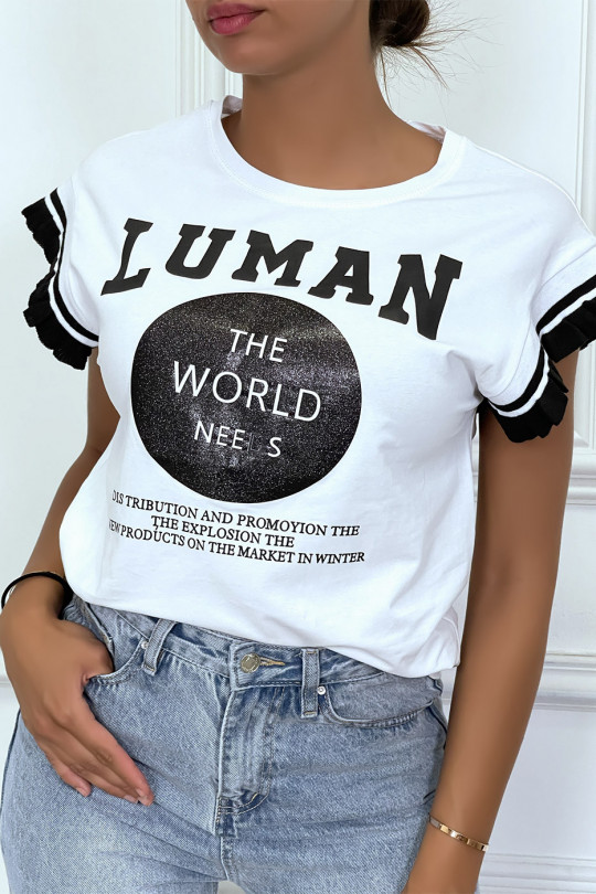 White t-shirt with “LUMAN” writing and black details, short sleeves with ruffles - 3