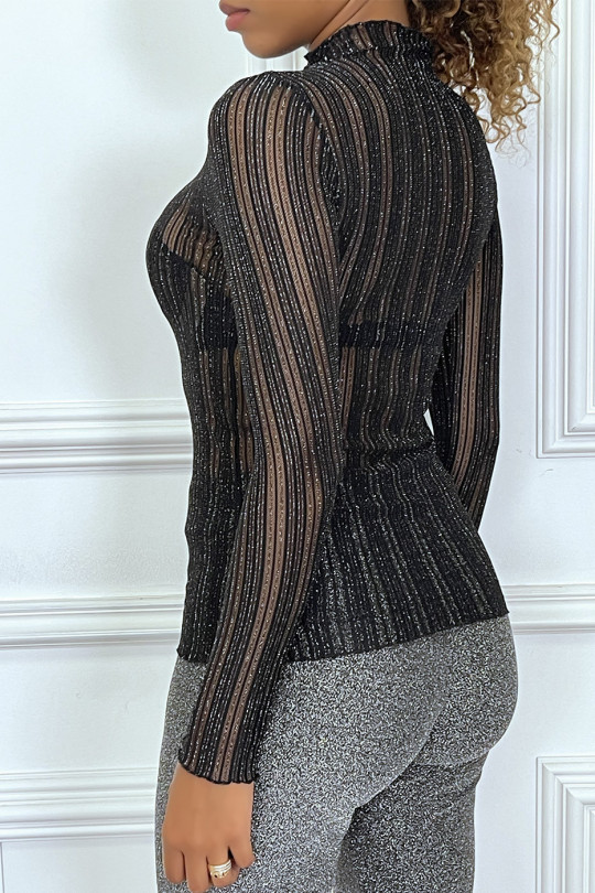 Black sheer striped t-shirt with sequins, long sleeve crewneck - 1