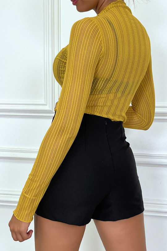 Mustard Sequin Striped Sheer Long Sleeve Crewneck T-Shirt - 1