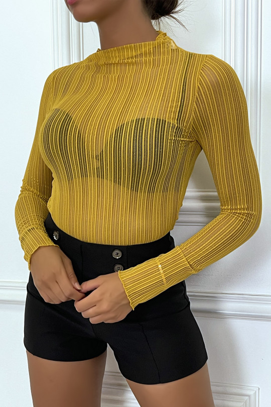 Mustard Sequin Striped Sheer Long Sleeve Crewneck T-Shirt - 2