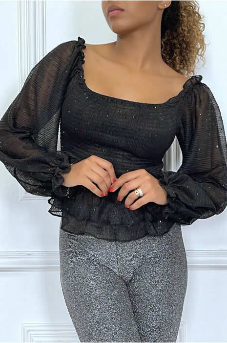 Haut noir/pailleté froncé à col bateau avec manches longues