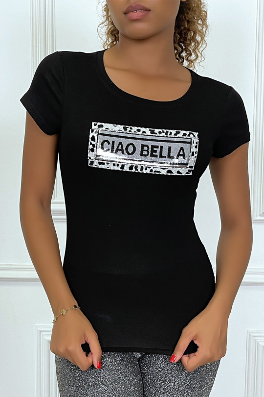 T-shirt noir inscription "CIAO BELLA" pailletés, à manches courtes et col rond - 2