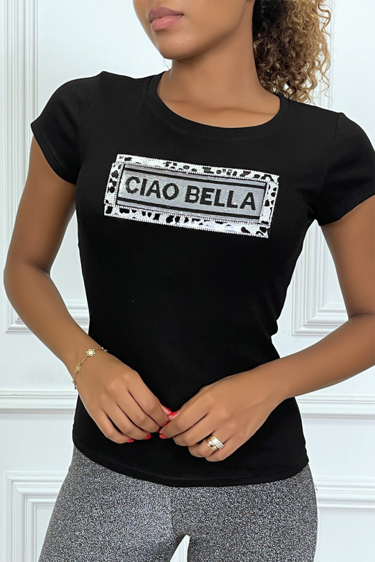 T-shirt noir inscription "CIAO BELLA" pailletés, à manches courtes et col rond - 3