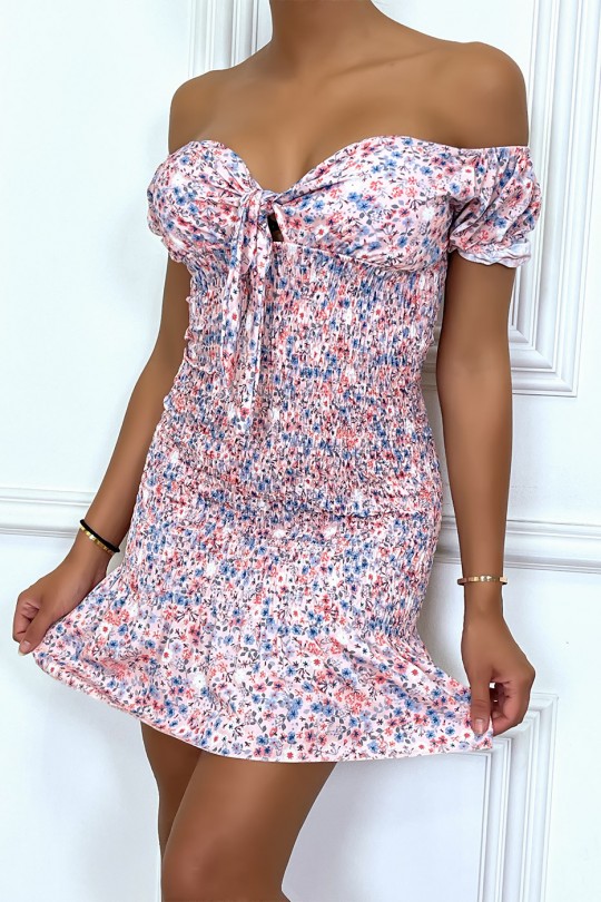 Short gathered dress, floral pink with boat neck - 3