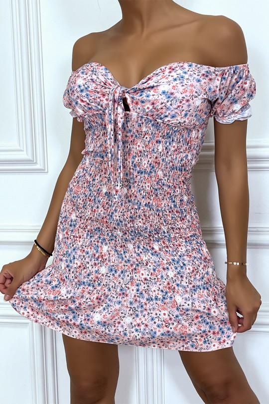 Short gathered dress, floral pink with boat neck - 4