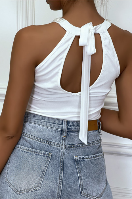 Haut blanc sans manches avec col perlé et attache en noeud - 1