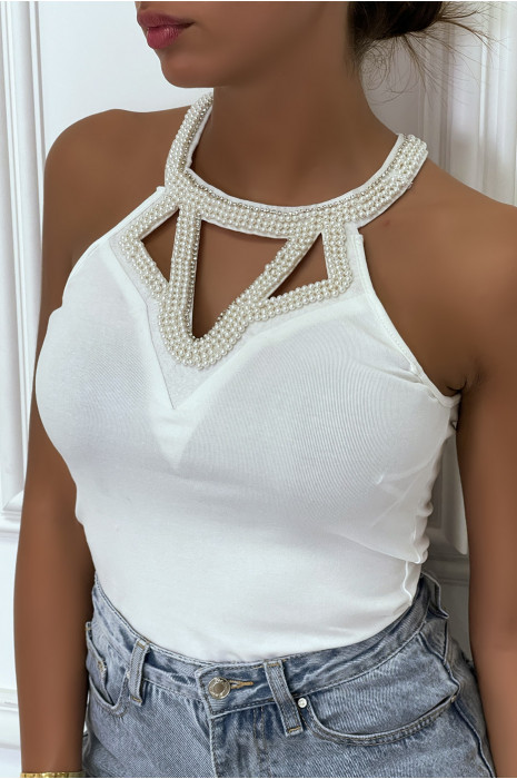 Haut blanc sans manches avec col perlé et attache en noeud - 2