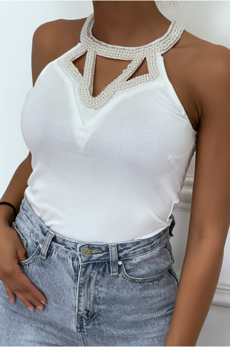 Haut blanc sans manches avec col perlé et attache en noeud - 3