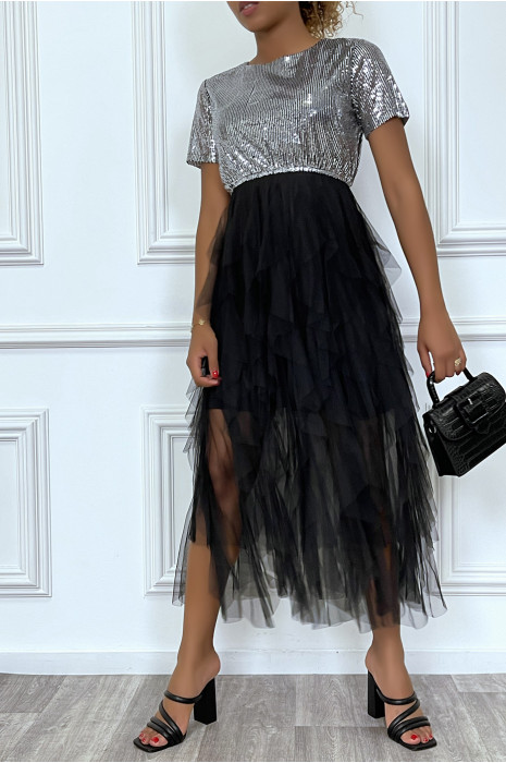 Robe noire silver bi matière, haut sequin et bas en tulle à