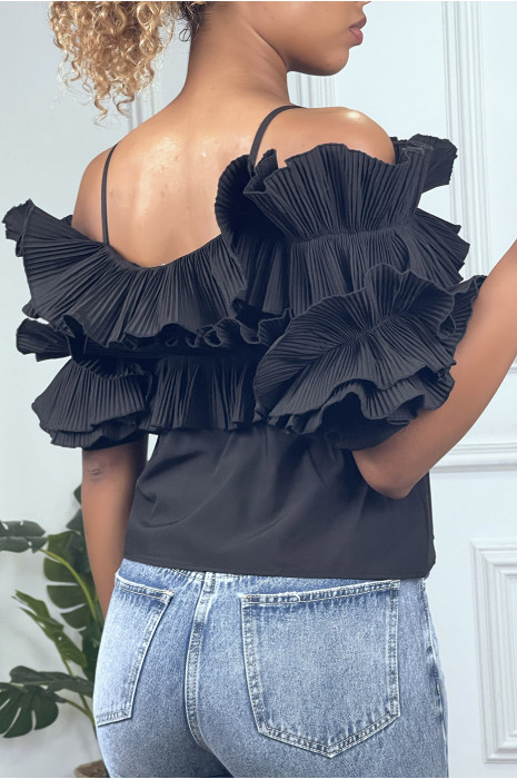 Blouse noire à volants plissé col bardot - 2