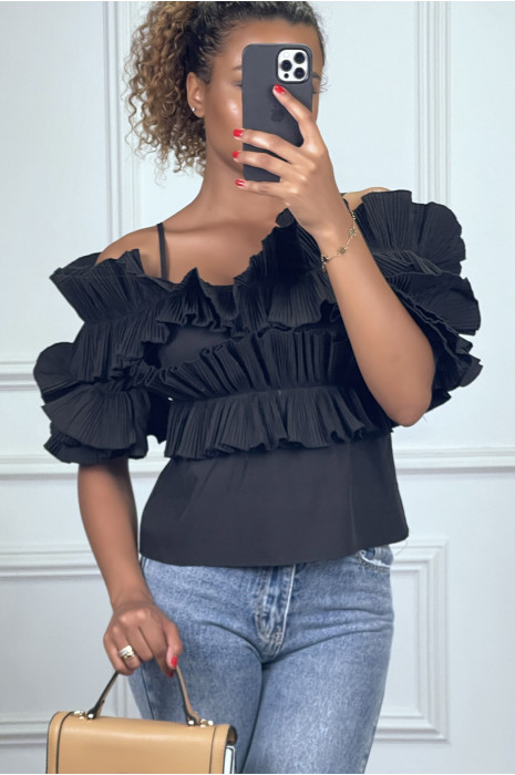 Blouse noire à volants plissé col bardot - 1