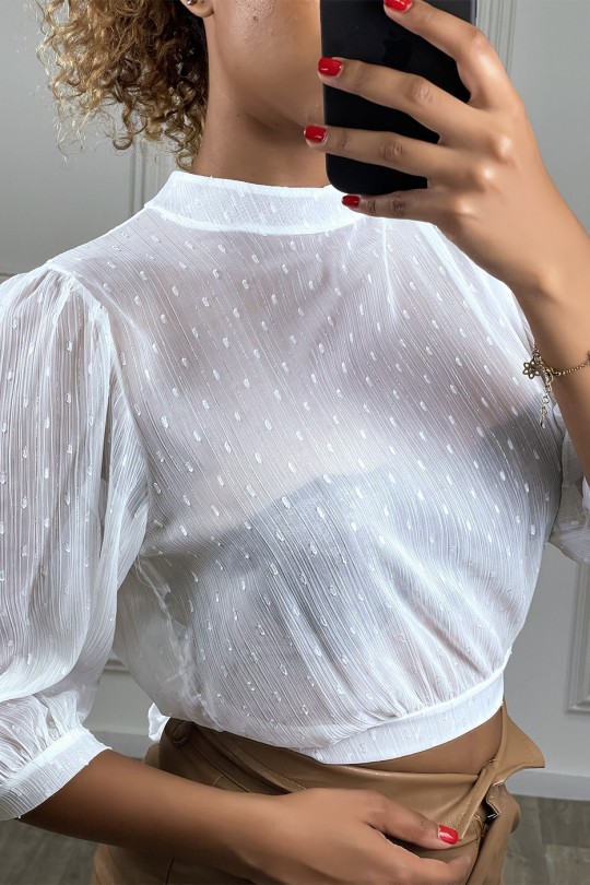 Sheer white polka dot blouse with open back, crew neck and long sleeves - 1