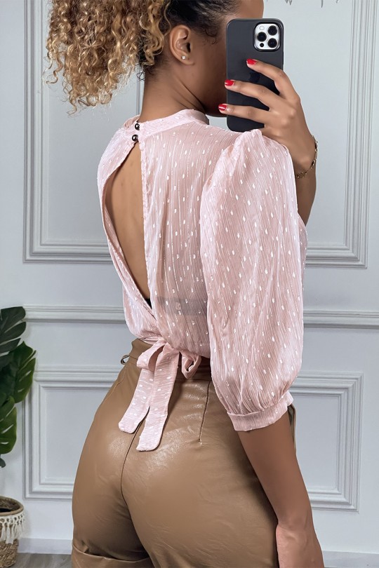 Sheer pink polka dot blouse with open back, crew neck and long sleeves - 1
