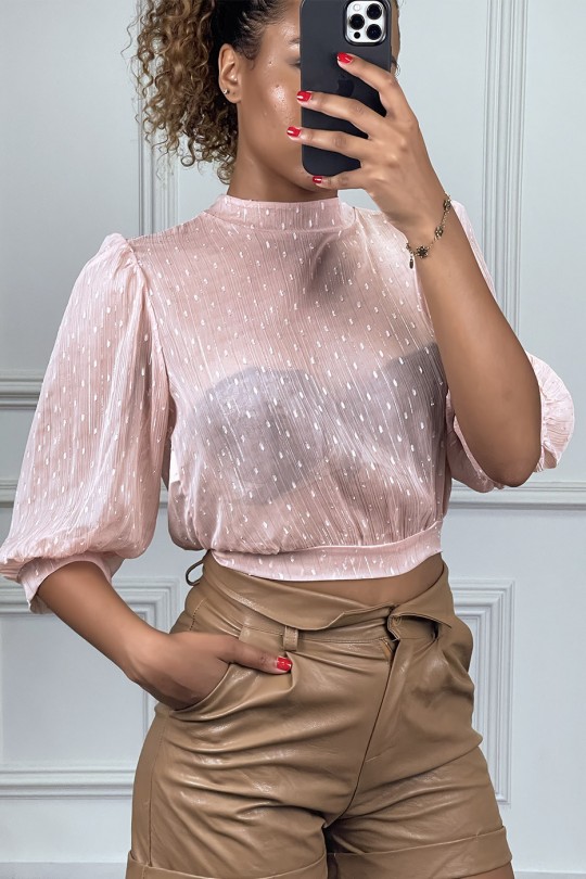 Sheer pink polka dot blouse with open back, crew neck and long sleeves - 3