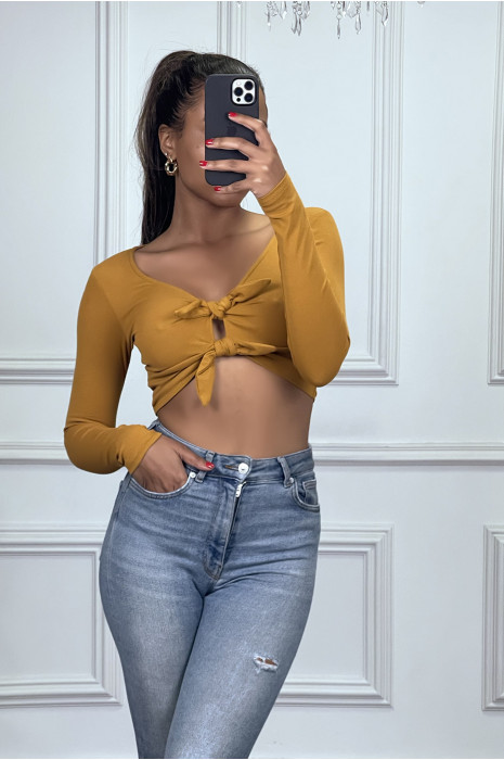 Crop top moutarde à double noeud à la poitrine et manches longues - 2