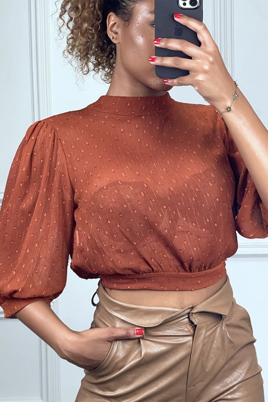 Sheer cognac polka dot blouse with open back, crew neck and long sleeves - 4