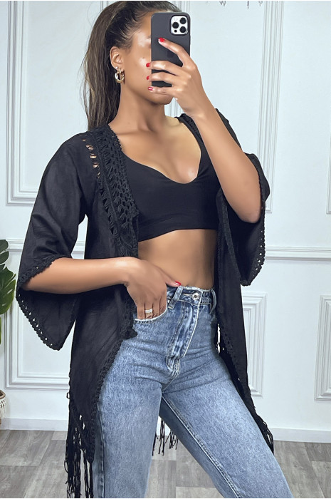 Gilet noir en suédine coupe asymétrique à crochet et frange - 1