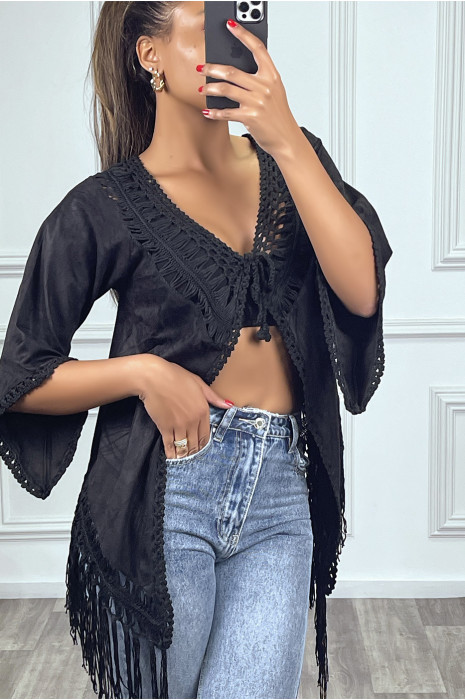 Gilet noir en suédine coupe asymétrique à crochet et frange - 3