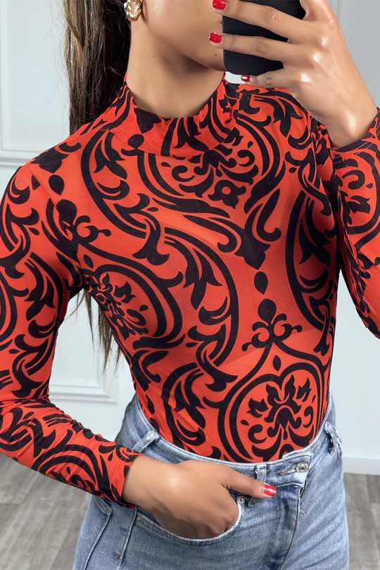 Red long-sleeved bodysuit with black pattern - 1