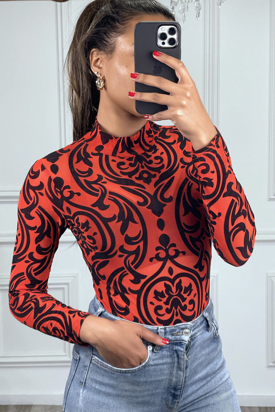 Red long-sleeved bodysuit with black pattern - 2