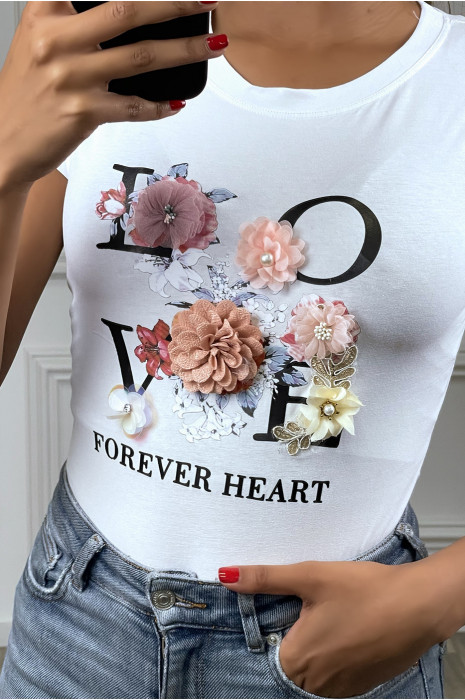 Tee-shirt blanc avec écriture et fleurs en relief - 2
