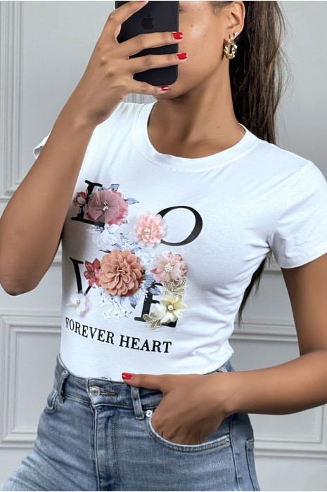 Tee-shirt blanc avec écriture et fleurs en relief - 3